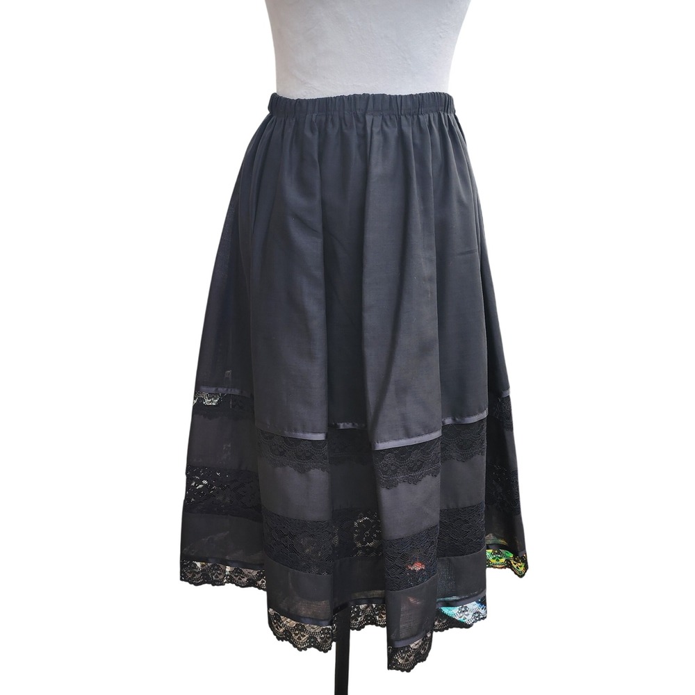 Vintage Carefree Fashions Black Lace Tiered Midi Skirt Made in USA One Size NWT